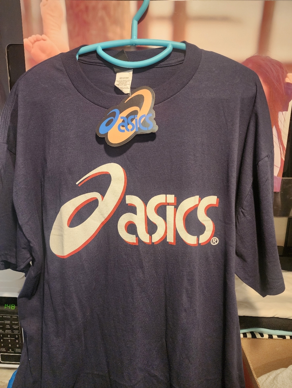 Vintage NWT 90's Asics Tiger Navy T‑Shirt with White and Red Logo